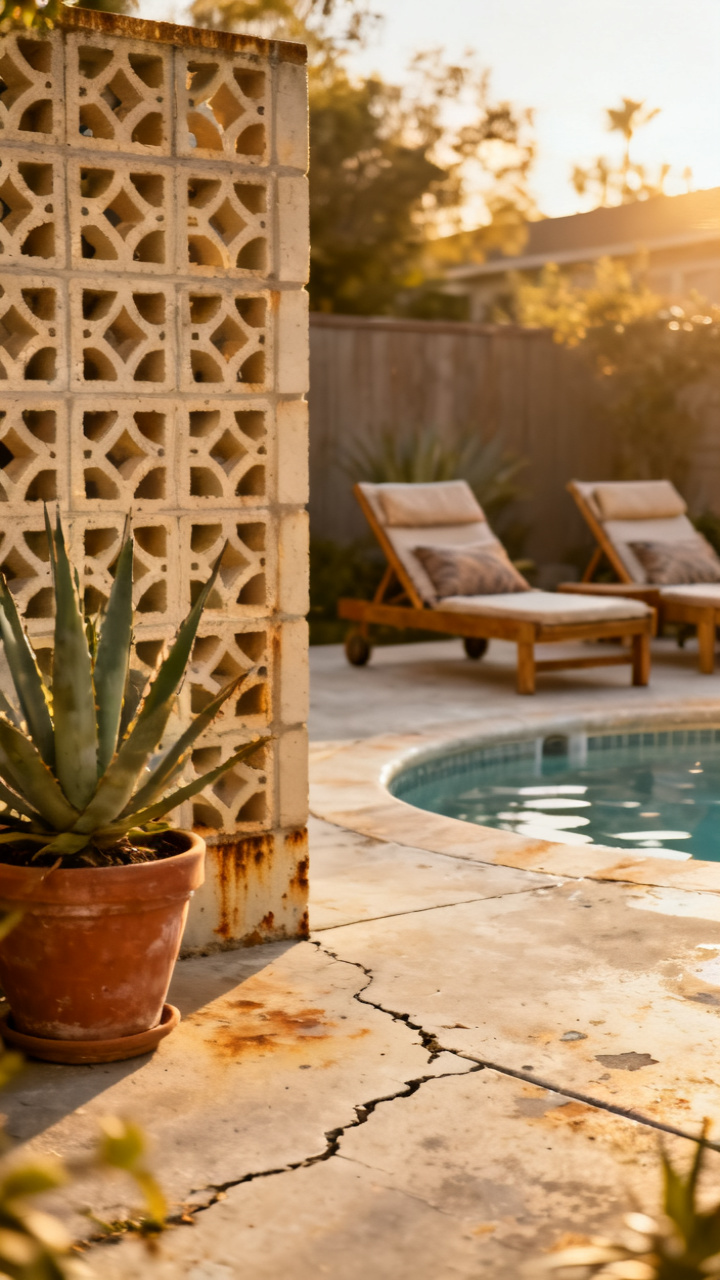 Mid-century small patio spa with a breeze block screen and agave planters