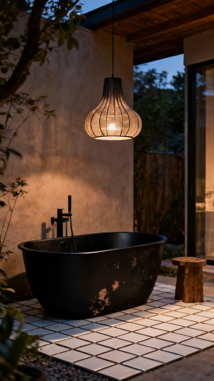 Matte black clad outdoor tub with a sculptural pendant light and porcelain pavers
