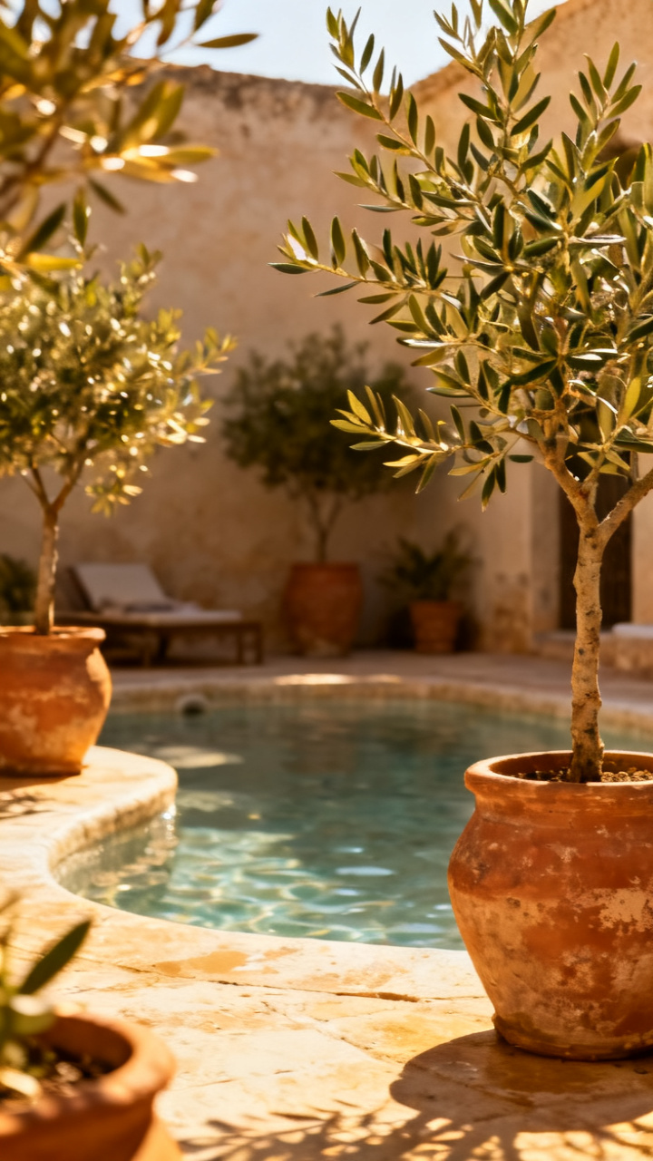 Mediterranean courtyard spa with terracotta planters and small olive trees