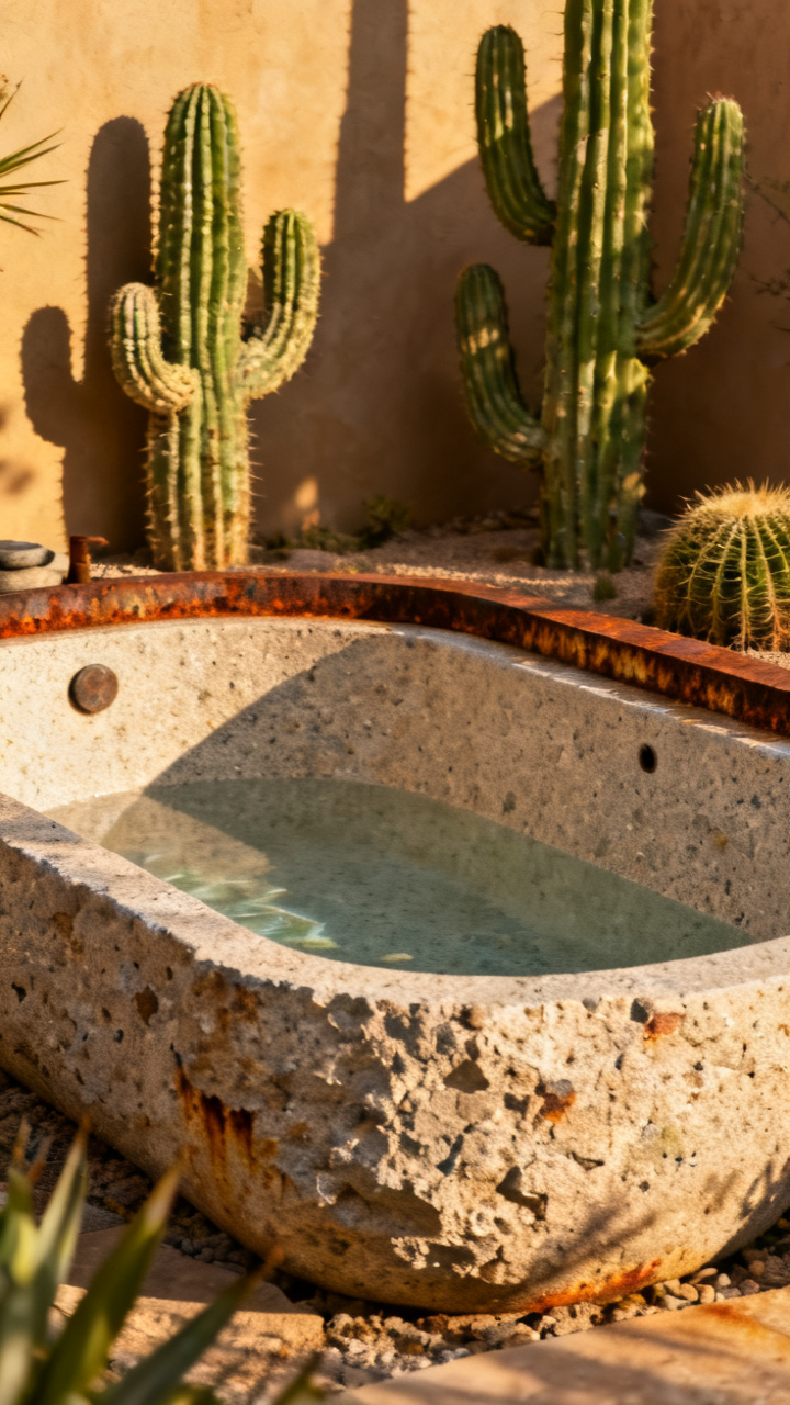 Desert zen soaking tub on decomposed granite with sculptural cacti