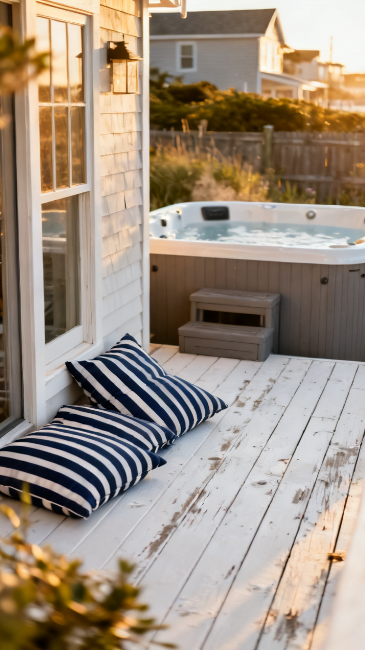 Coastal cottage deck hot tub with navy striped cushions and whitewashed decking