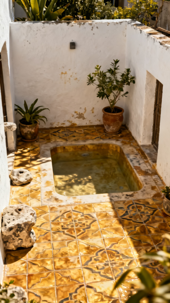 Pocket courtyard spa with a patterned encaustic cement tile floor