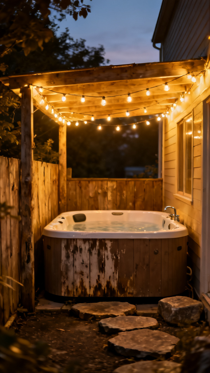 Small outdoor hot tub under a string of warm cafe lights at dusk