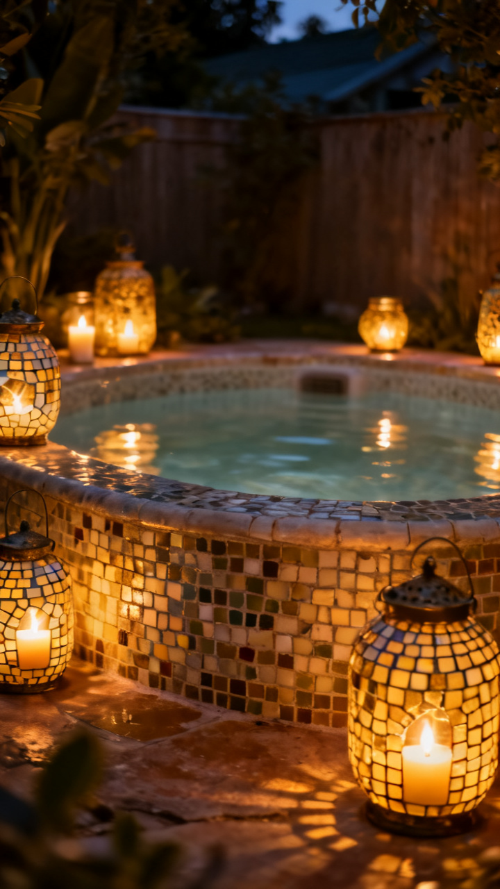 Compact spa surrounded by mosaic lanterns with a warm candle glow at night