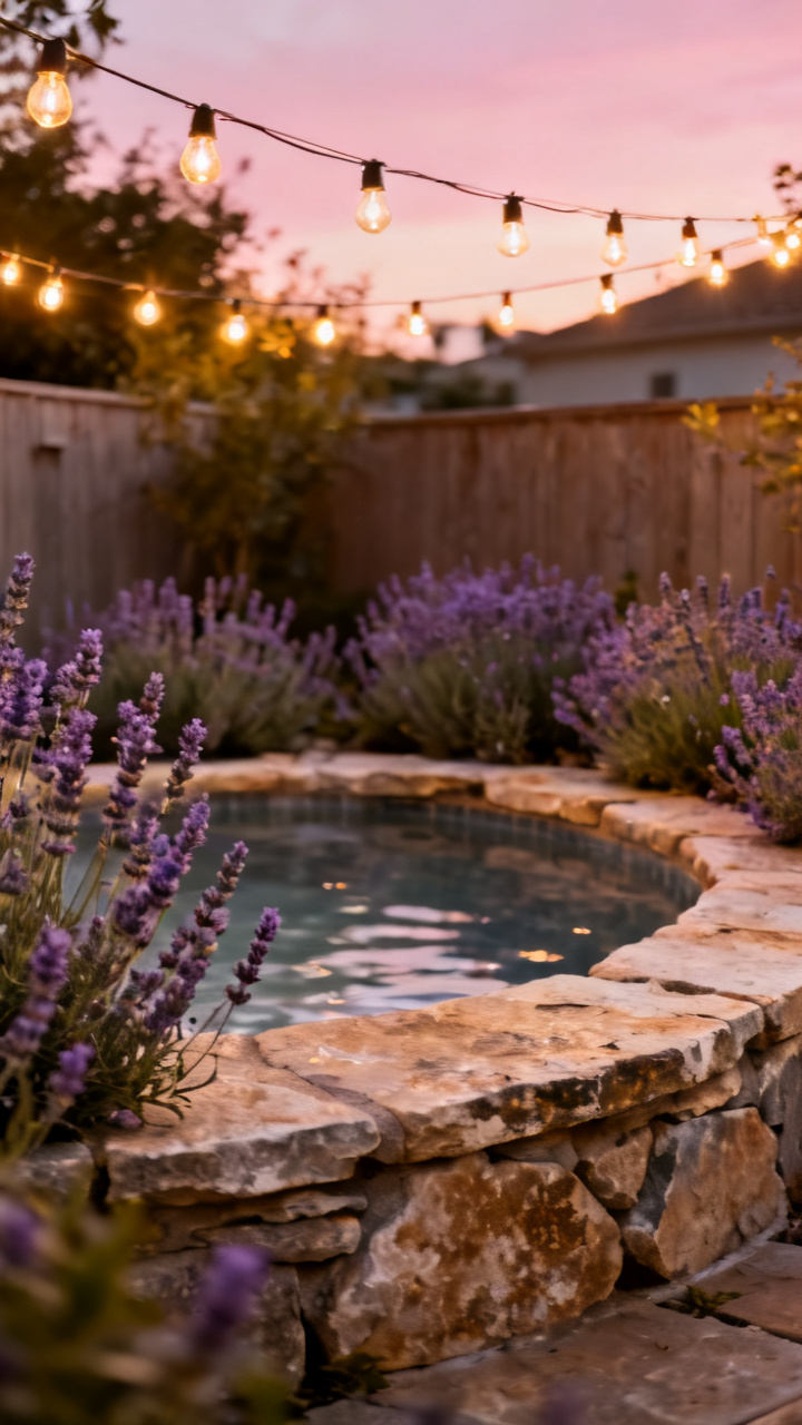 Rustic flagstone spa court edged with lavender and draped cafe lights