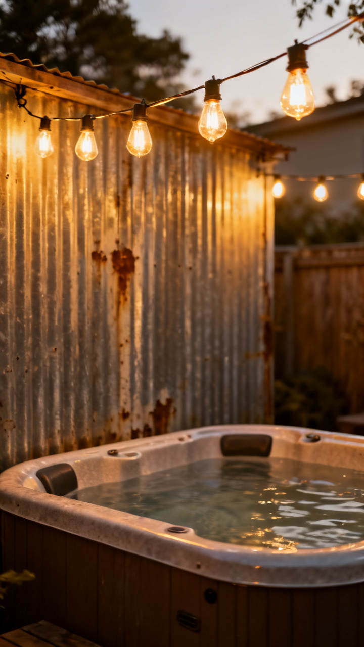 Industrial small patio hot tub with corrugated metal and Edison bulb lights