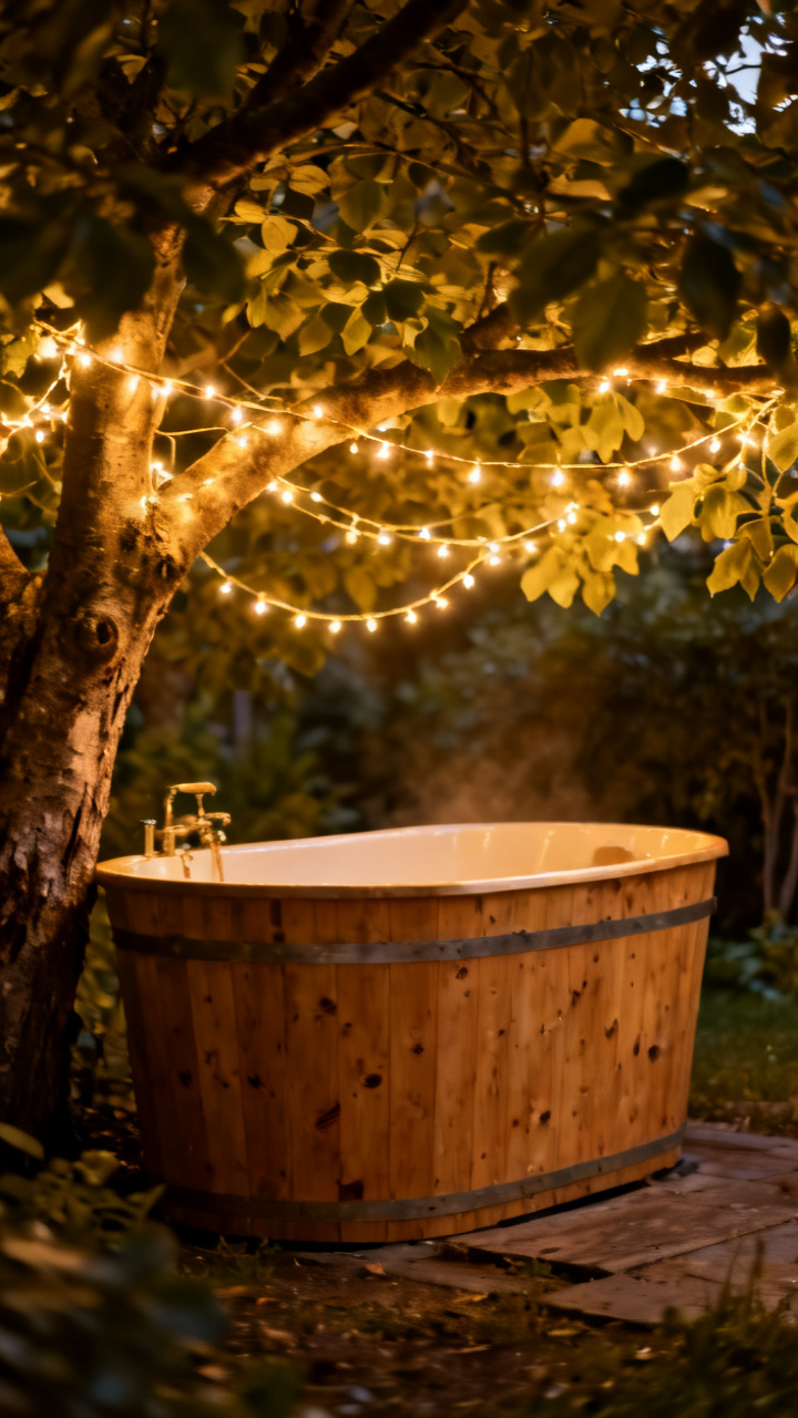 Woodland hideaway soaking tub under trees with fairy lights in the branches