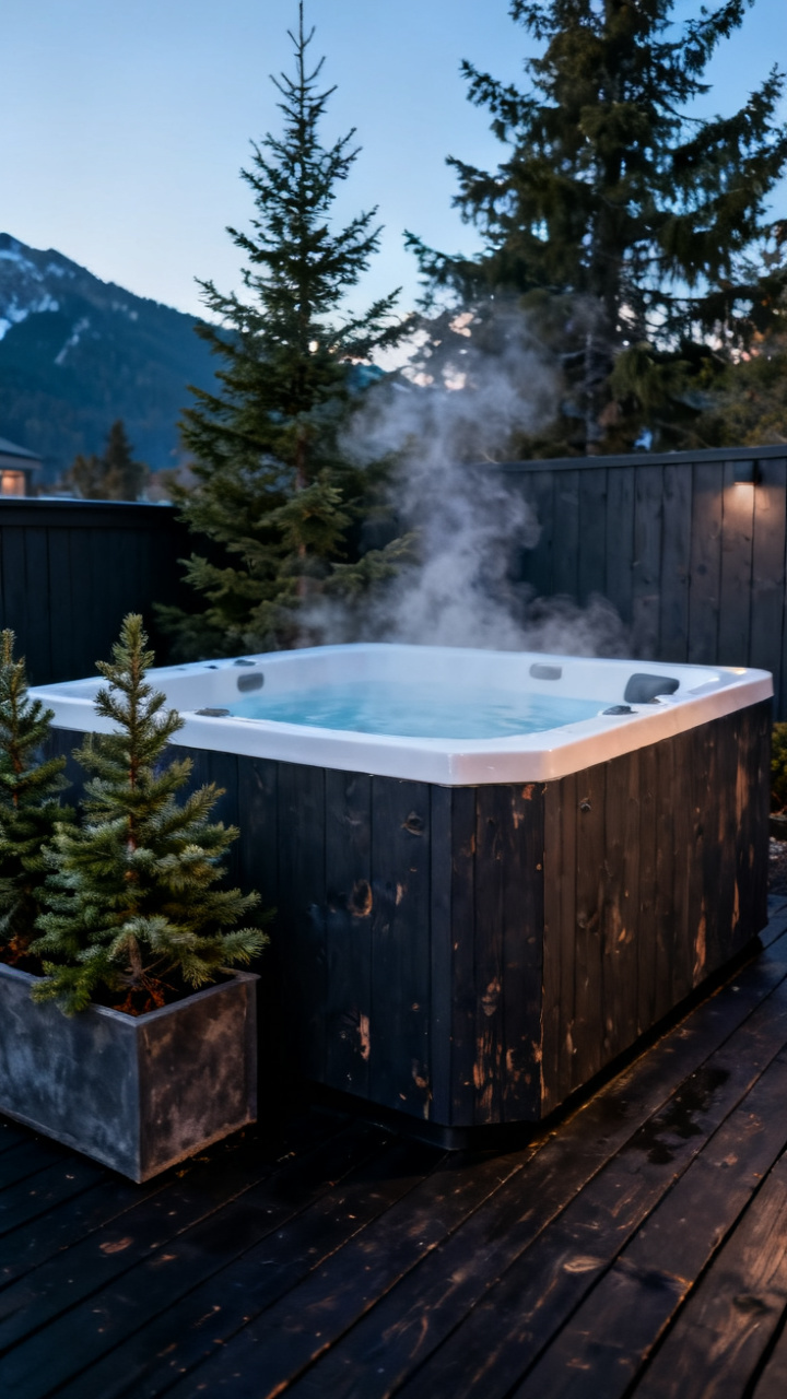 Alpine micro retreat square hot tub on a dark cedar deck with conifer planters and steam