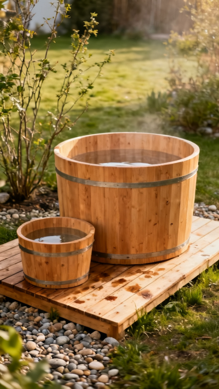 Scandinavian barrel hot tub paired with a small cold plunge barrel on a tiny deck