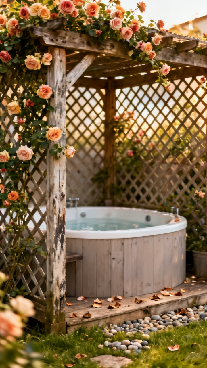 Cozy cottage pergola spa with diamond lattice and climbing roses