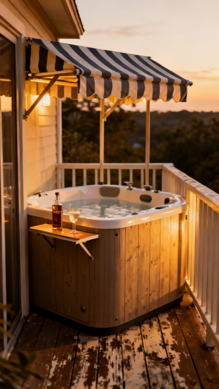 Compact cabana hot tub with a fold-down bar shelf and striped awning