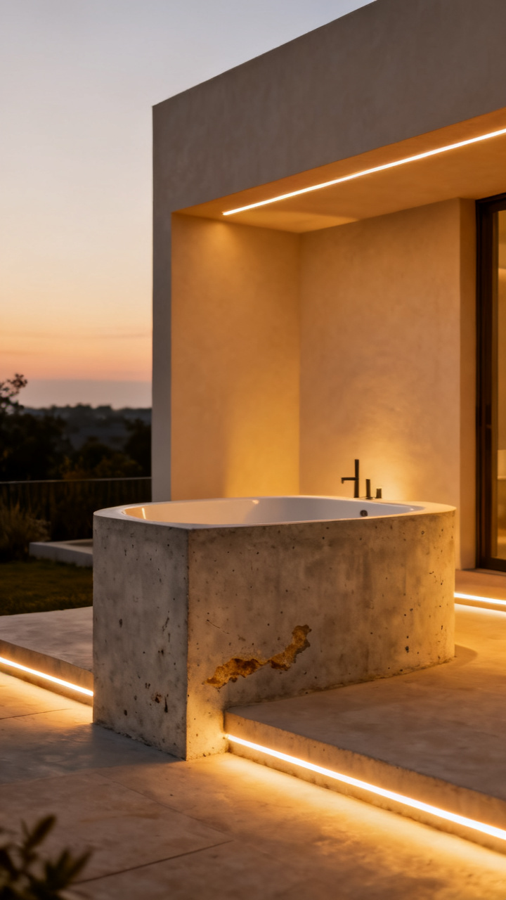 Minimal concrete plinth with a slightly sunken soaking tub and linear LED lighting