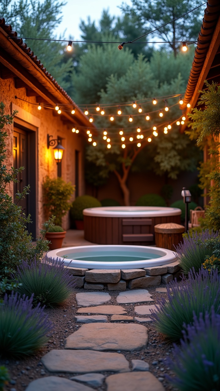 Rustic Stone Court With String Lights