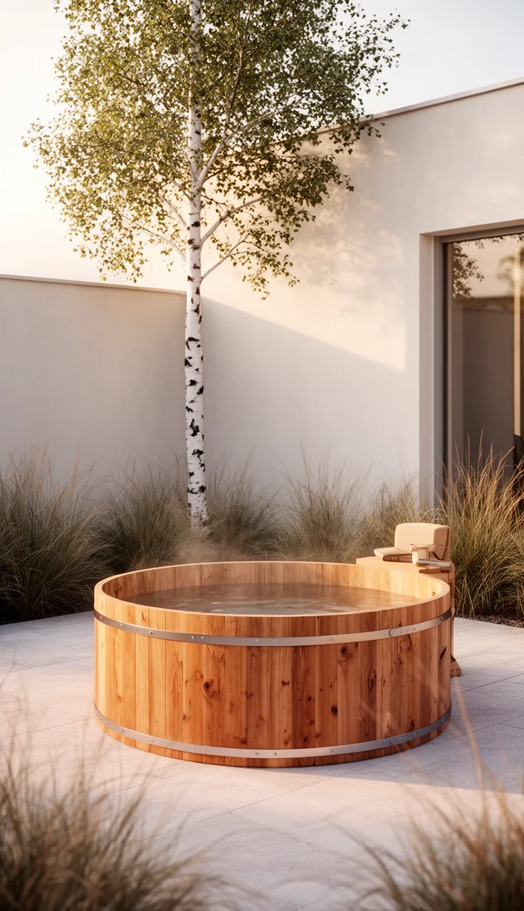Scandinavian courtyard with a single cedar wooden hot tub