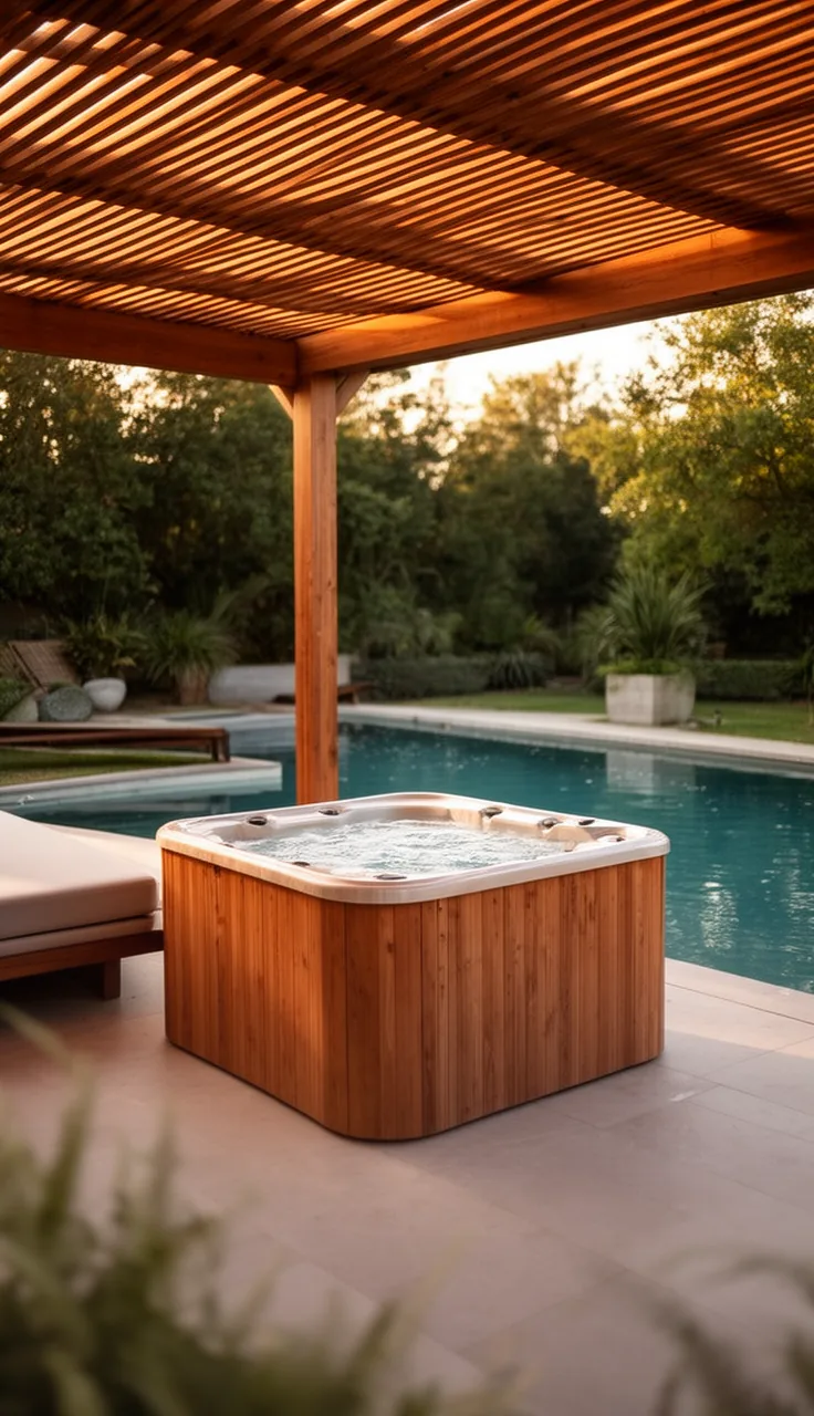 Poolside pavilion with one wooden hot tub and daybed