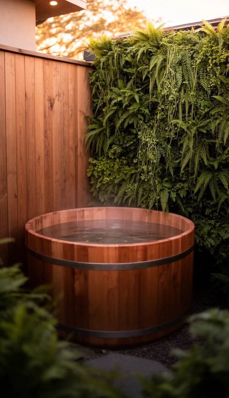 Micro-backyard corner with one wooden hot tub and vertical garden