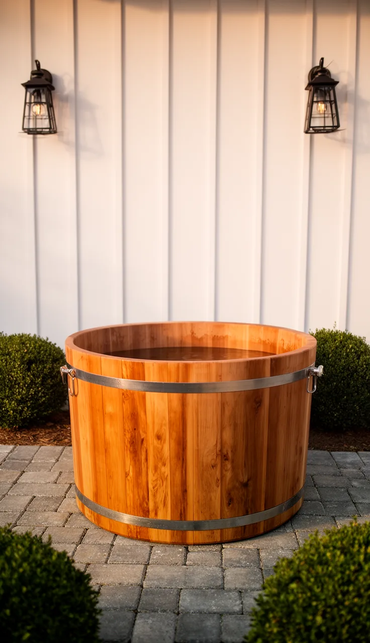 Modern farmhouse patio with one wooden hot tub and board-and-batten wall