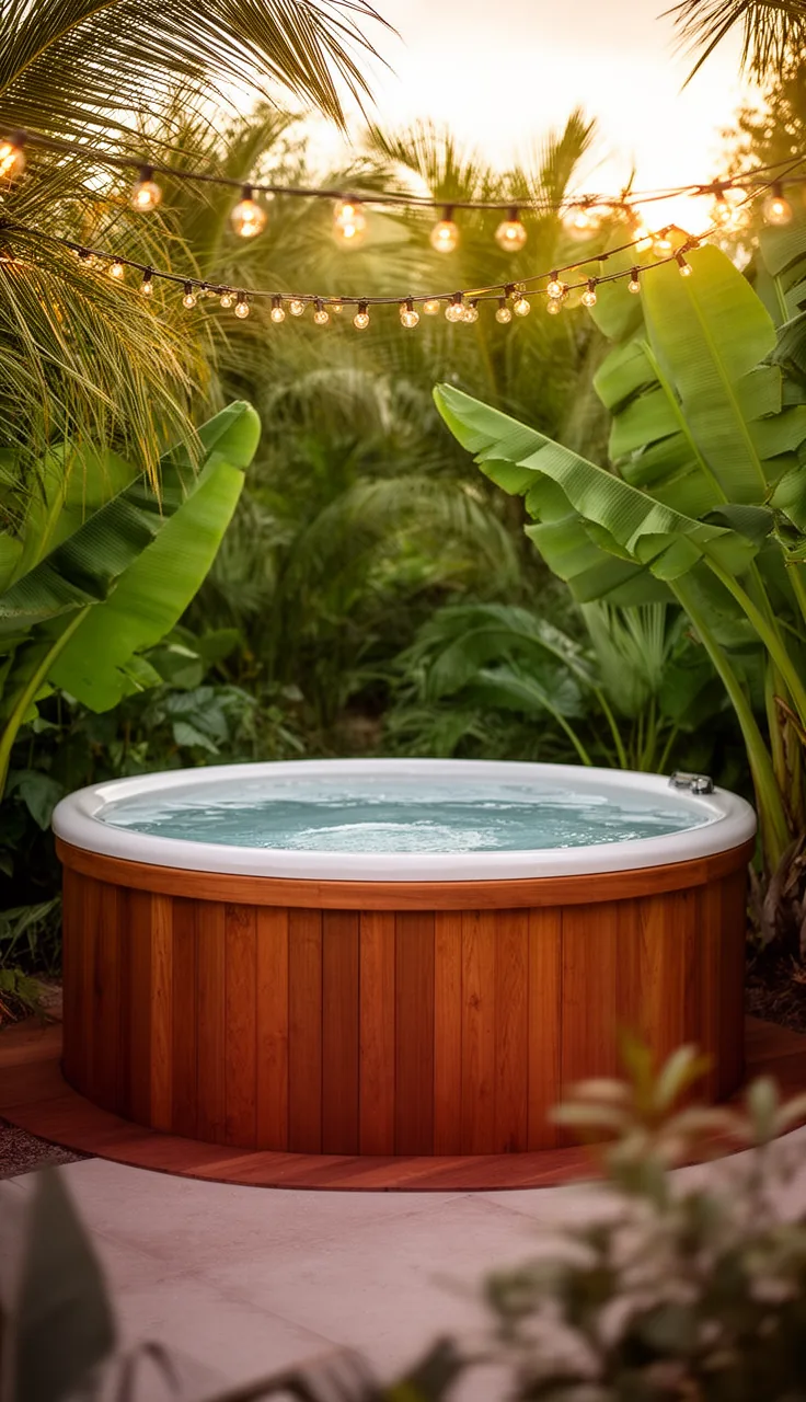 Tropical patio with one teak-surround wooden hot tub and palms