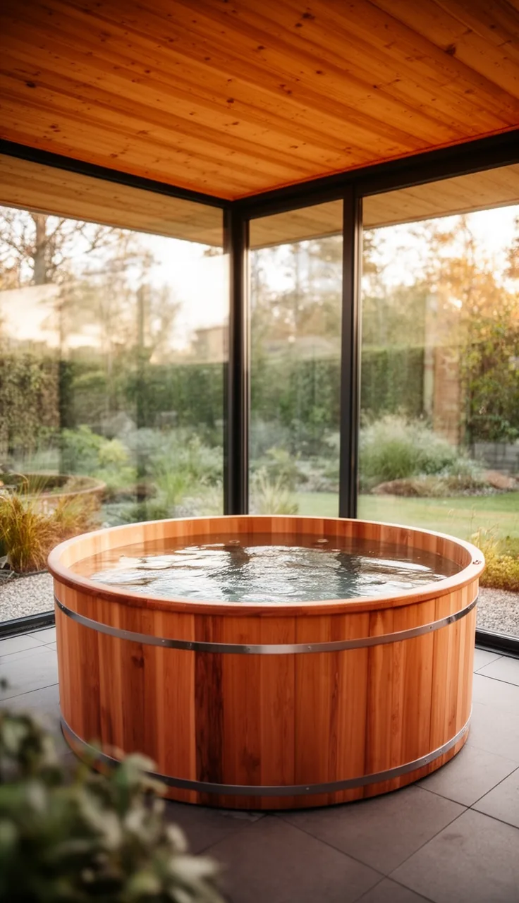 Glass atrium with one wooden hot tub and cedar ceiling