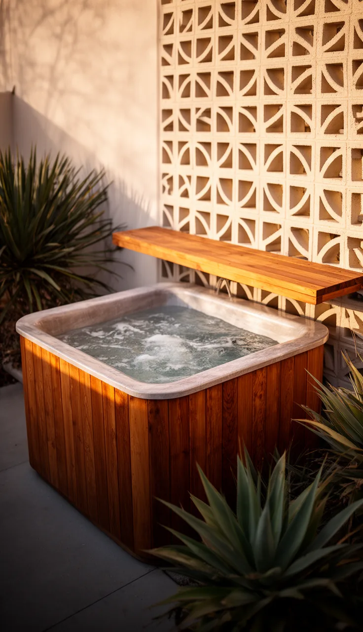 Mid-century courtyard with one wooden hot tub and breeze-block wall