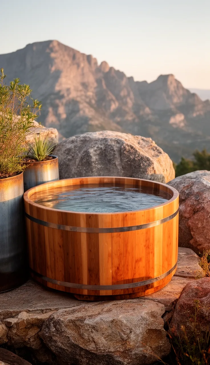 Mountain-modern ledge with one wooden hot tub and boulders