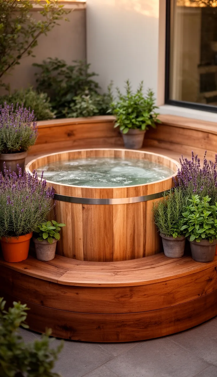 Courtyard sanctuary with one wooden hot tub and curved bench