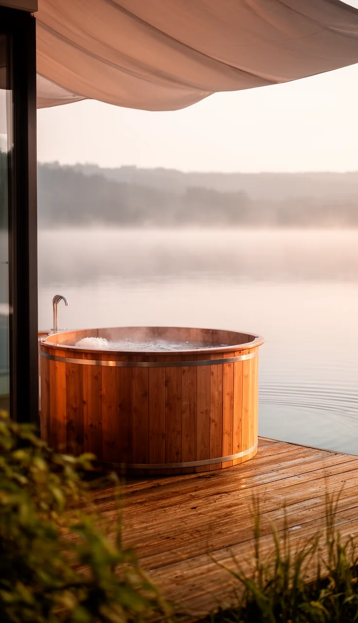 Lakeside dock with one wooden hot tub under a canopy