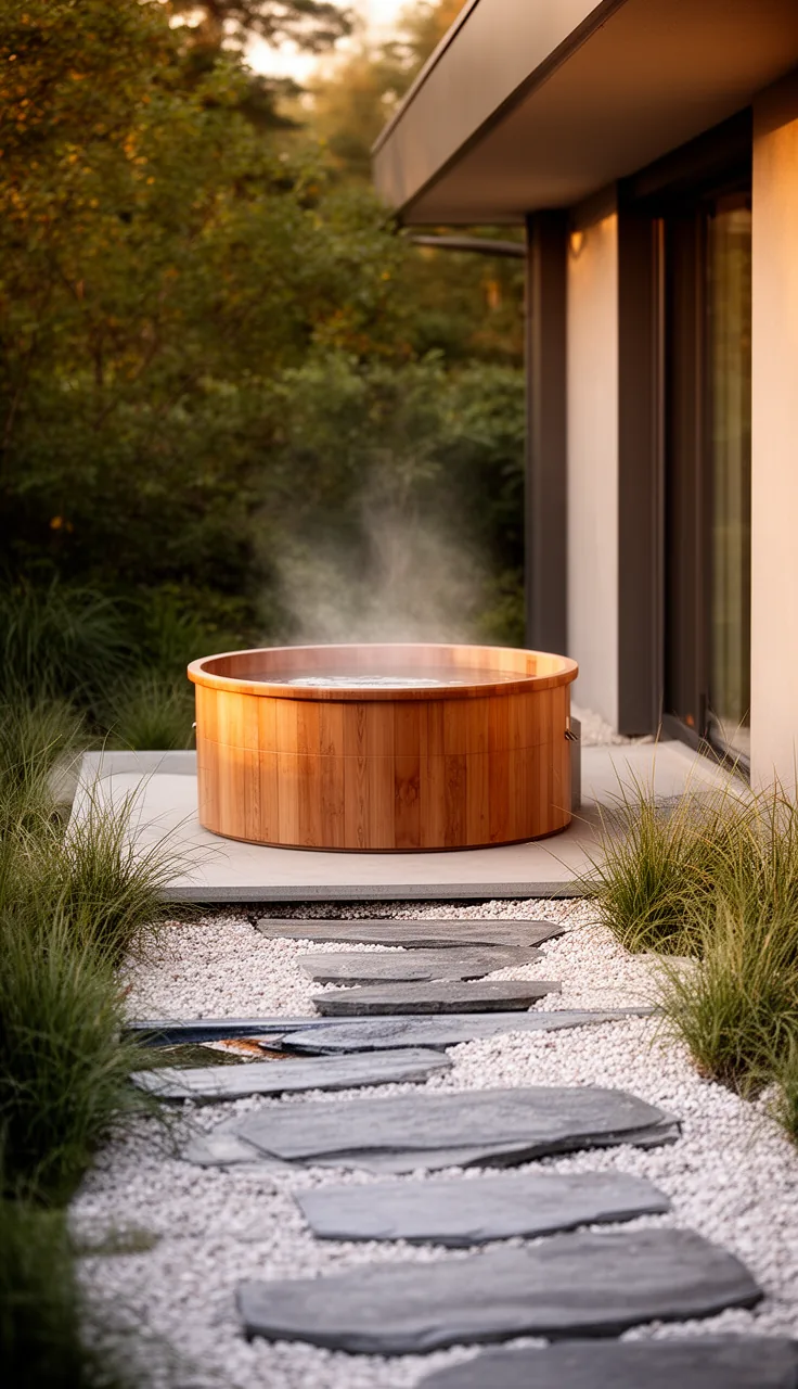 Zen pathway of floating steps leading to one wooden hot tub