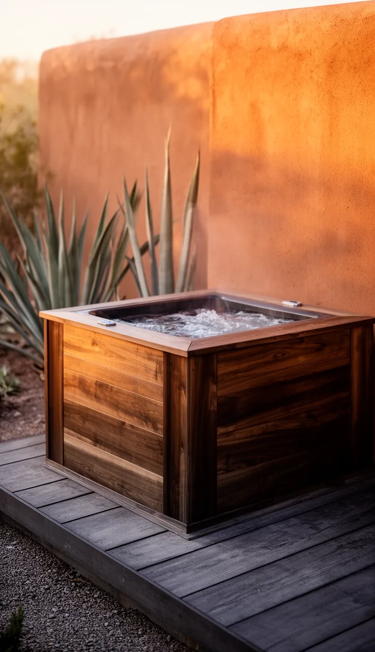 Desert-modern deck with one thermo-ash clad wooden hot tub