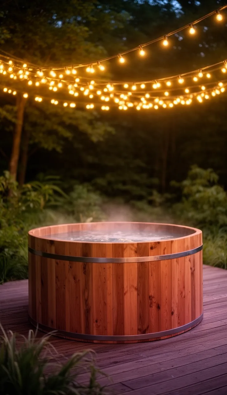Cedar wooden hot tub under a canopy of string lights