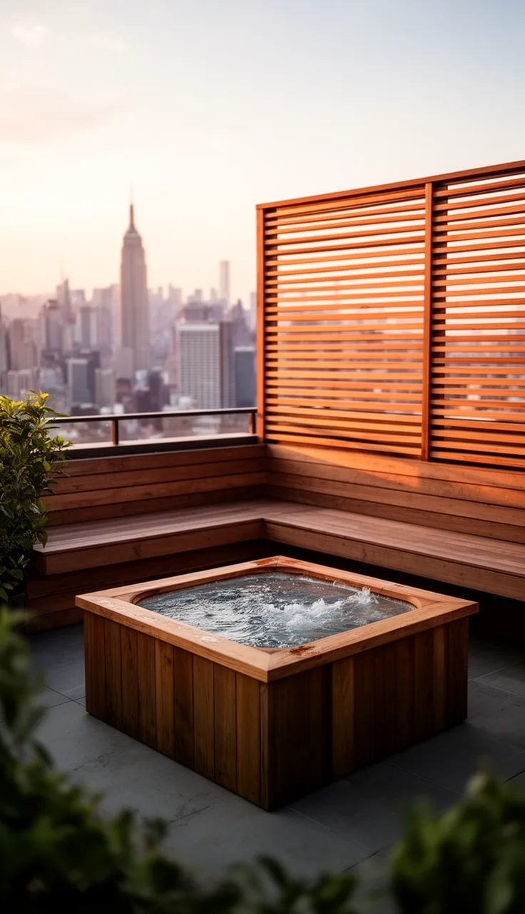 Urban roof terrace with one wooden hot tub and built-in bench