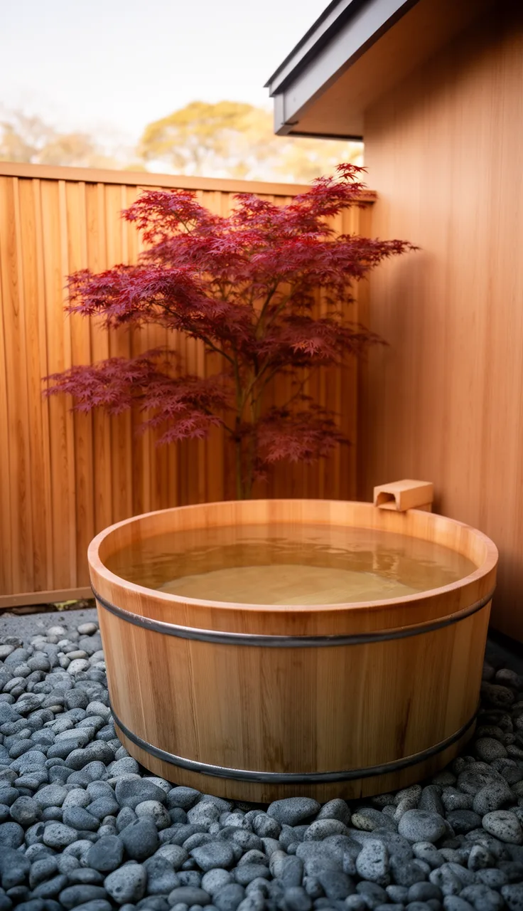 Japanese onsen nook with one wooden soaking tub and river stones