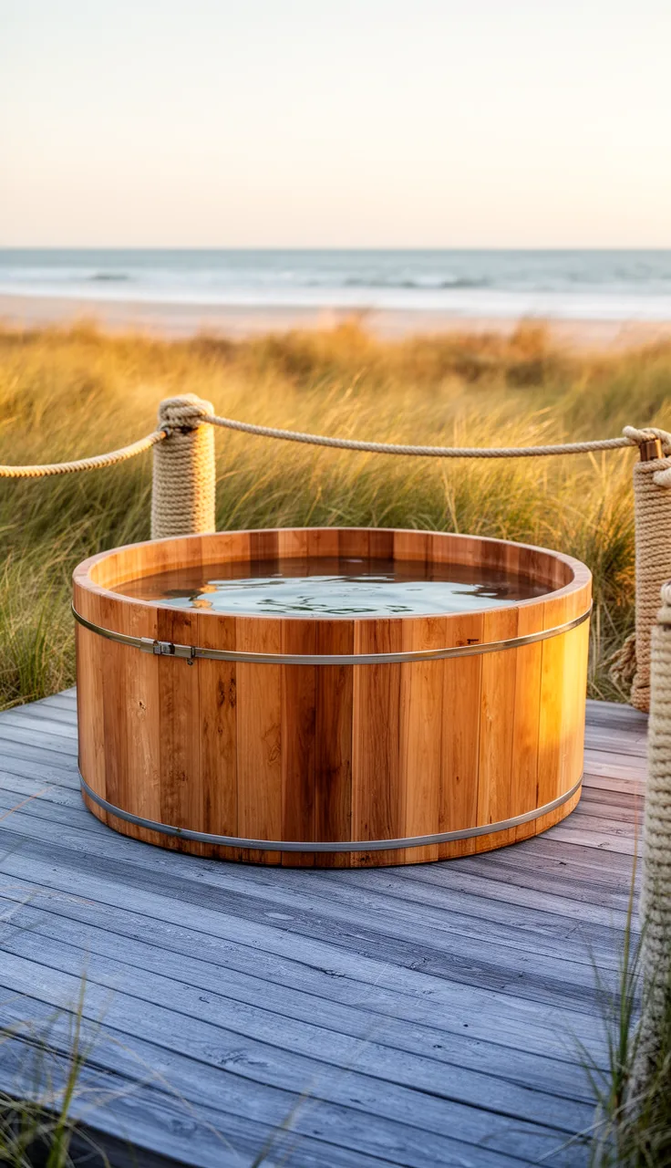 Coastal boardwalk deck with one saltwashed wooden hot tub