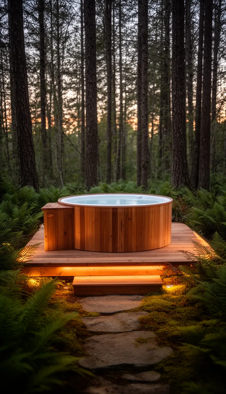 Forest platform with one wooden hot tub among moss and trees