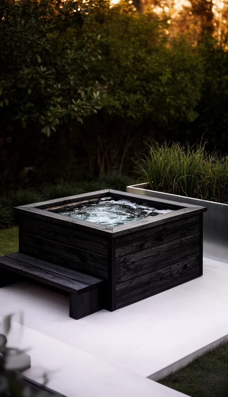 Blackened wood hot tub against pale concrete