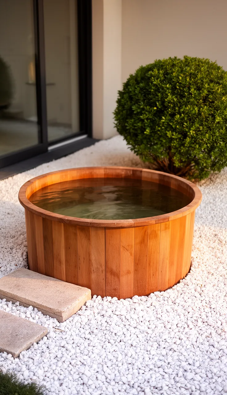 Minimalist courtyard with one sunken wooden hot tub in white gravel