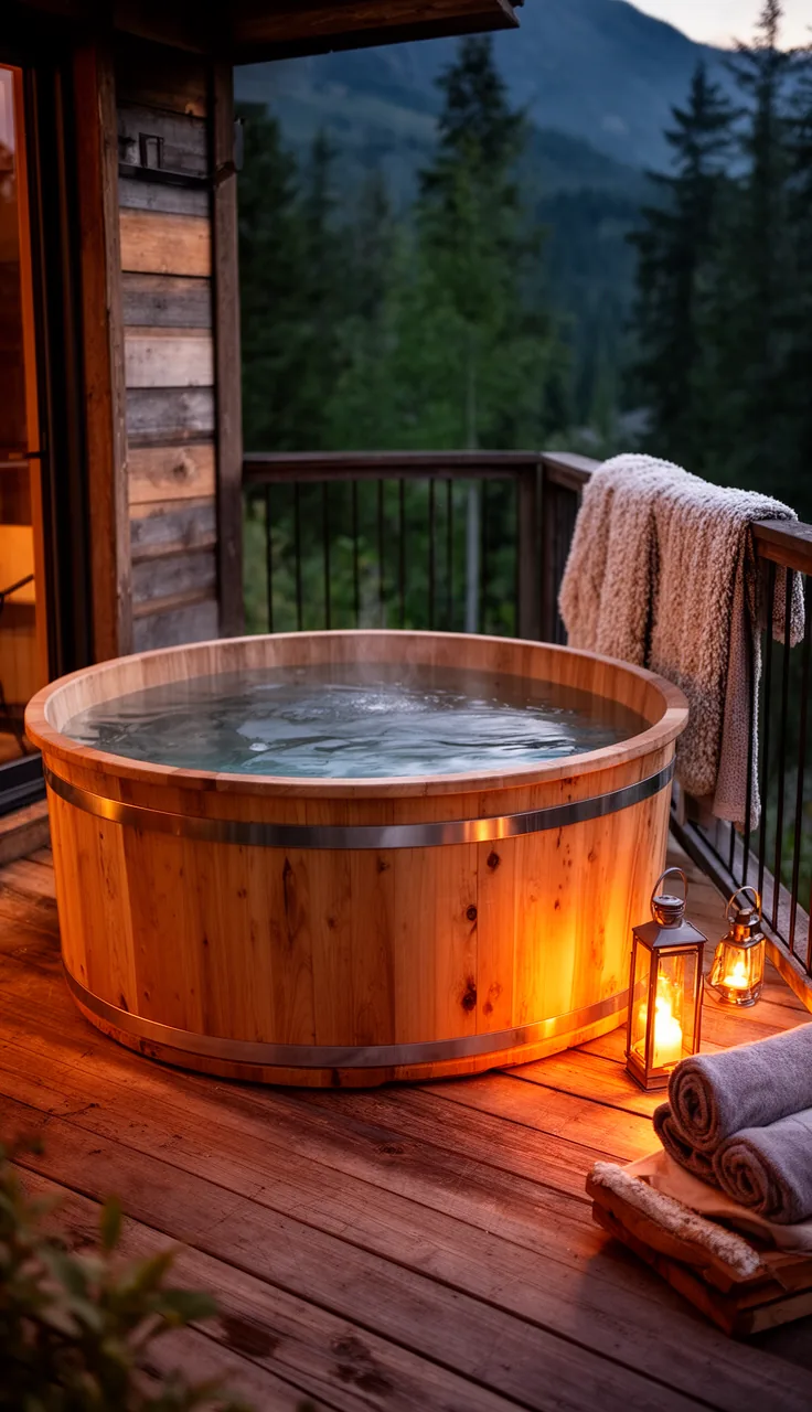 Cabin deck with one wooden hot tub and cozy layers