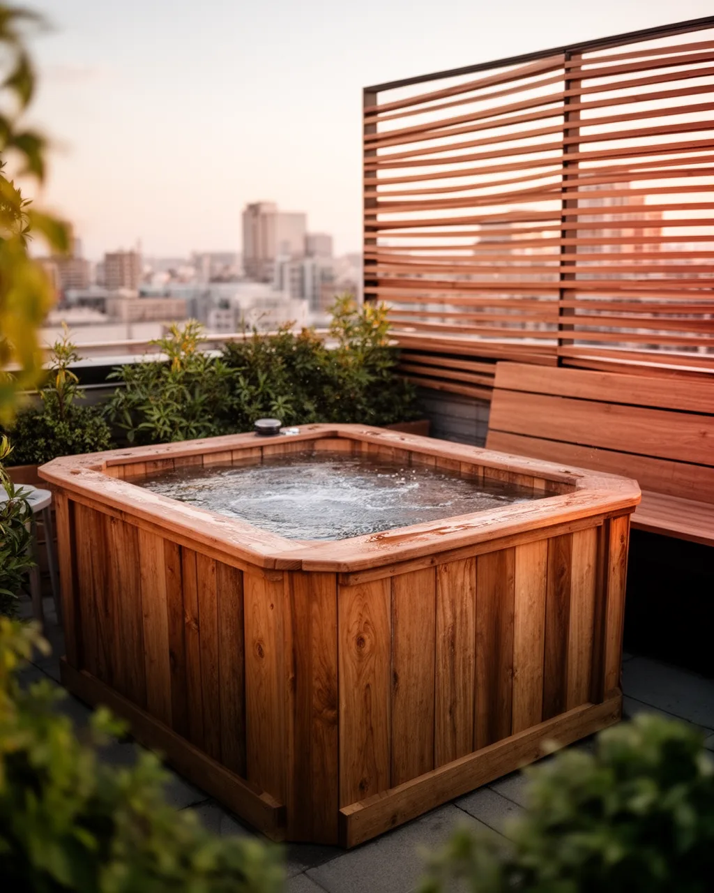 Rooftop wooden hot tub