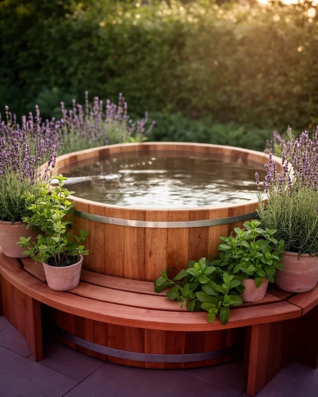 Curved bench herb hot tub
