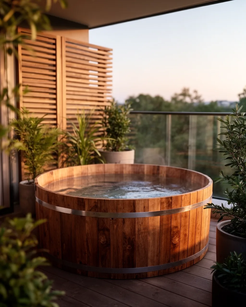 Small balcony wooden hot tub