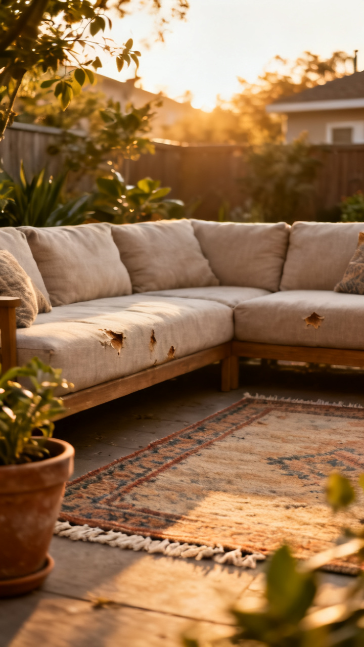 Cozy backyard lounge zone with a low sectional sofa and potted plants at golden hour