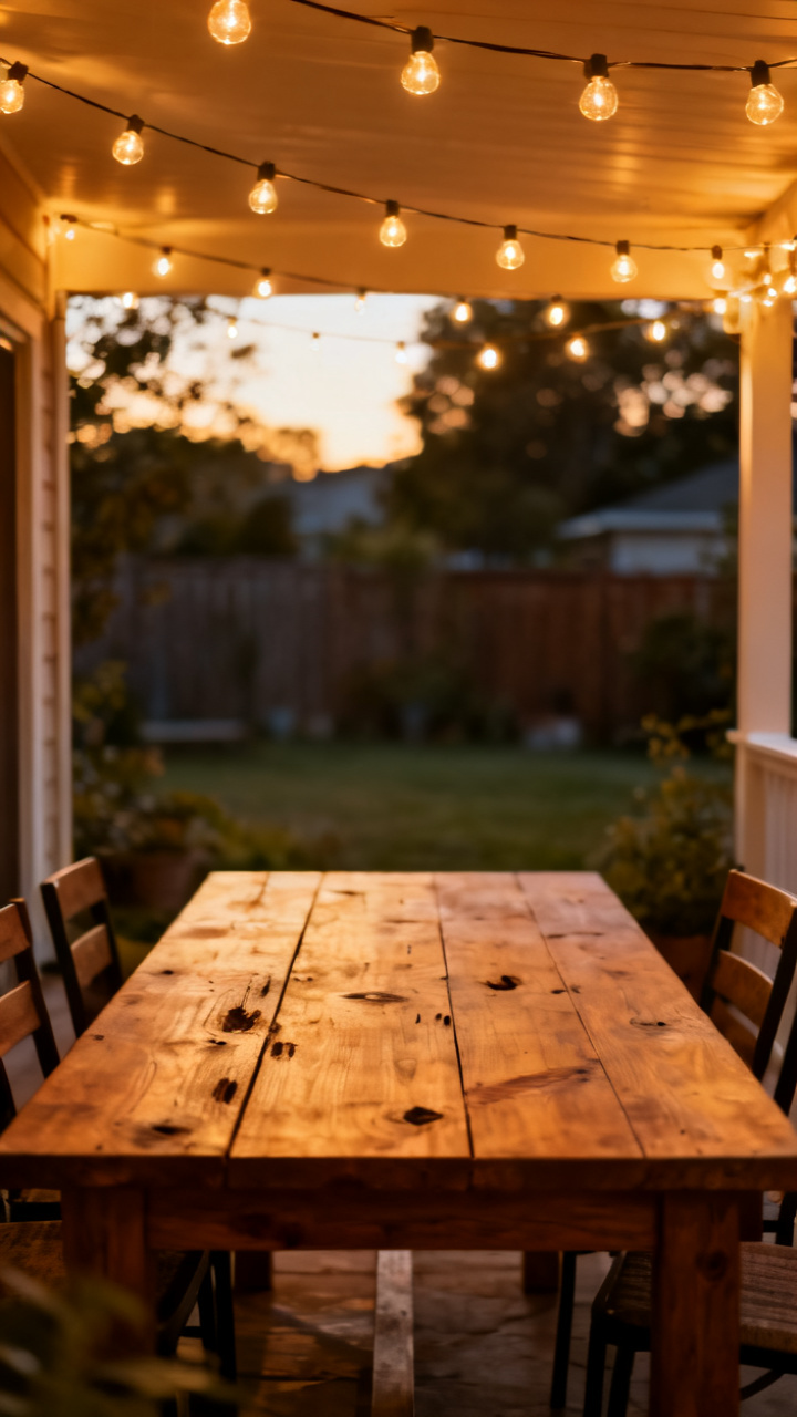 Defined patio dining nook with a wooden table and string lights overhead