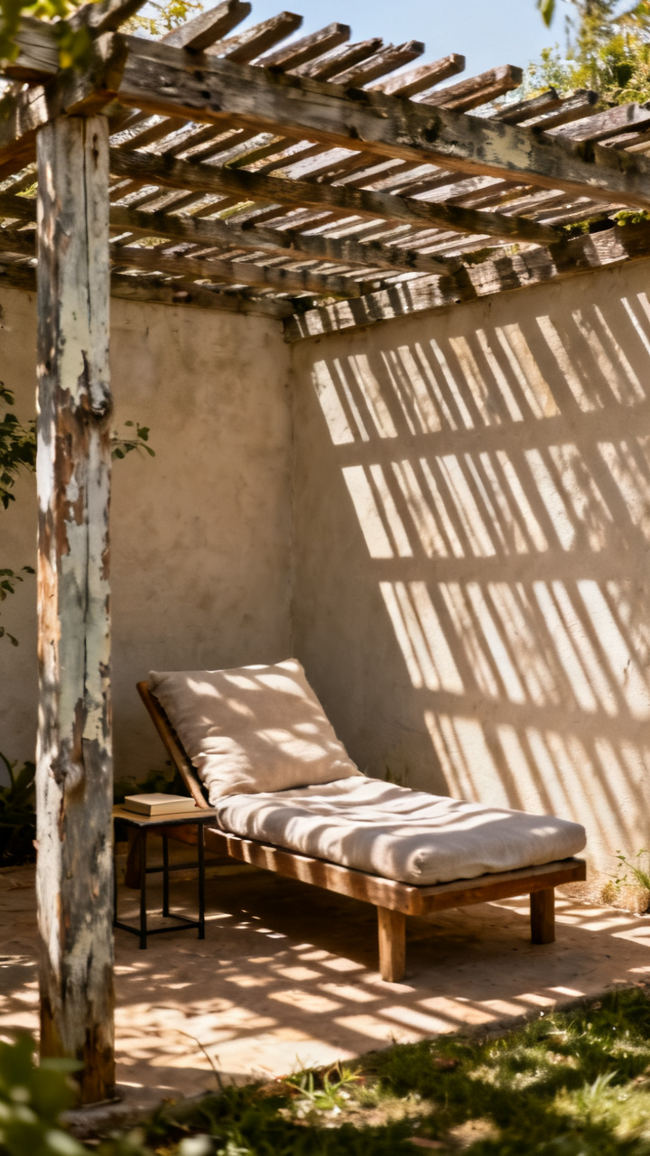 Shaded reading corner with a cushioned lounge chair under a pergola