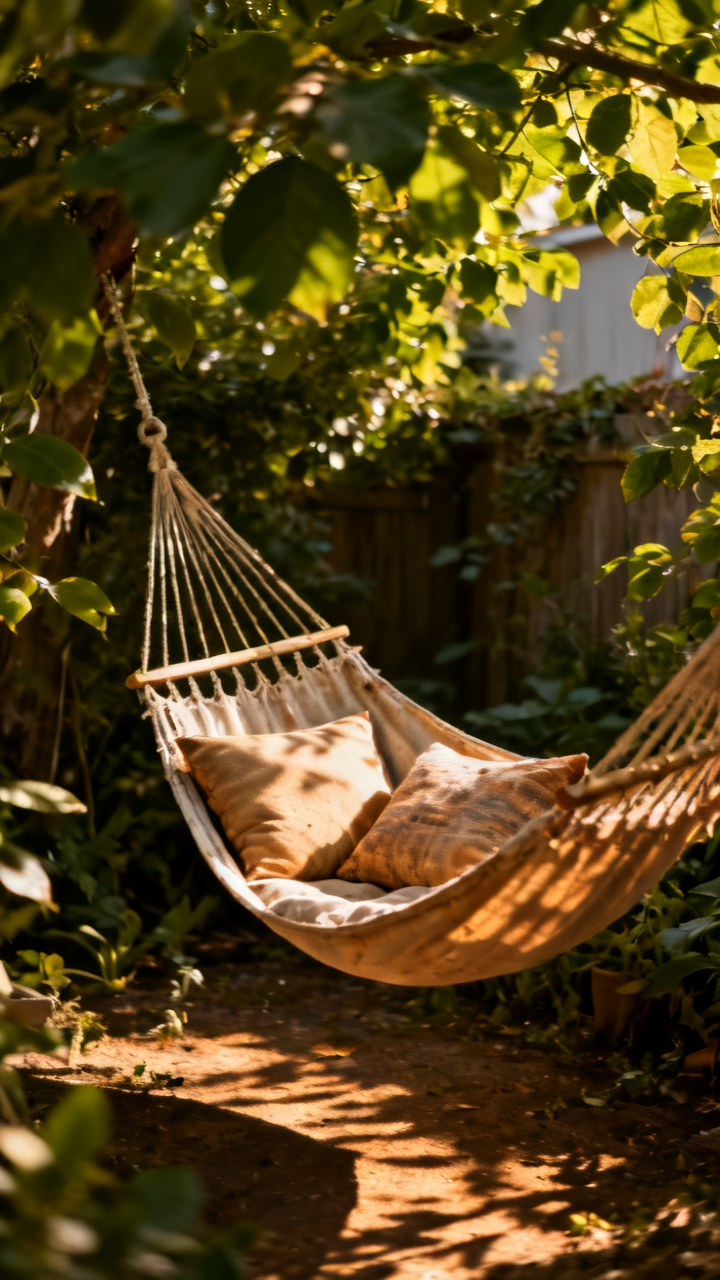 Hammock chair hanging in a leafy garden corner with cushions