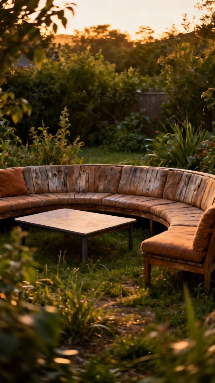 Curved outdoor sofa around a low coffee table with lush greenery