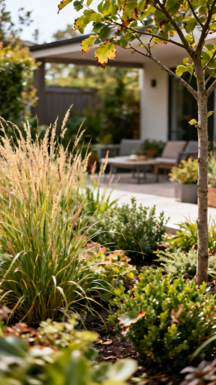 Layered garden planting with ornamental grasses and a small tree framing a patio