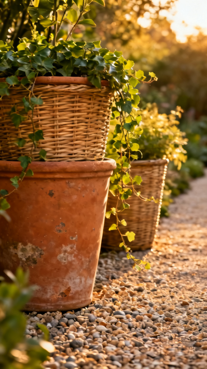 Terracotta and rattan planters with trailing greenery along a gravel path