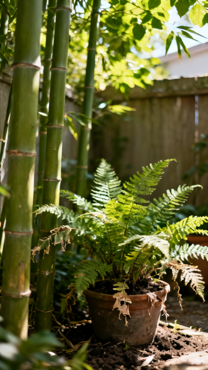 Lush green backyard corner with tall bamboo and potted ferns