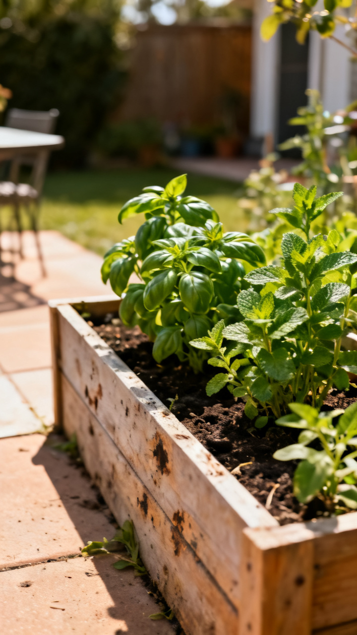 Raised herb and vegetable planter box near a patio with basil and mint