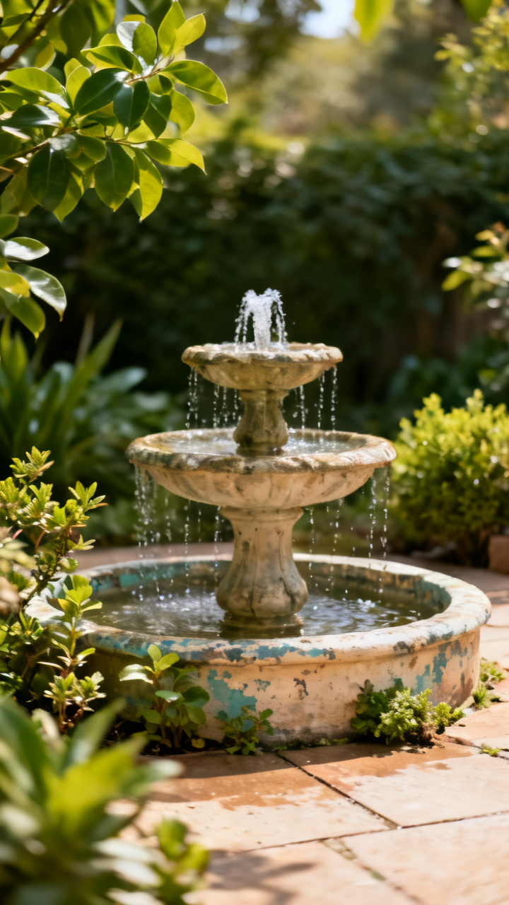 Small tiered garden fountain surrounded by greenery on a patio